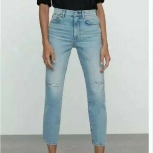 zara ankle slim straight high rise  distressed medium wash jeans